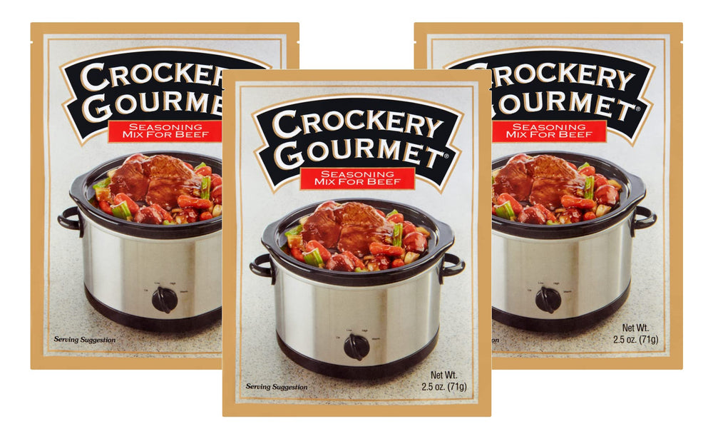 Crockery Gourmet beef seasoning packets ready for easy slow cooker dinners.