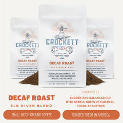 Crockett Decaf Ground Coffee bag opened reveals inviting aroma and smooth, balanced body.