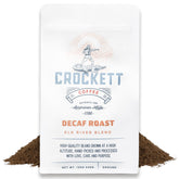 Crockett Decaf Ground Coffee packaging front view highlights rich flavor for a bold caffeine-free brew.