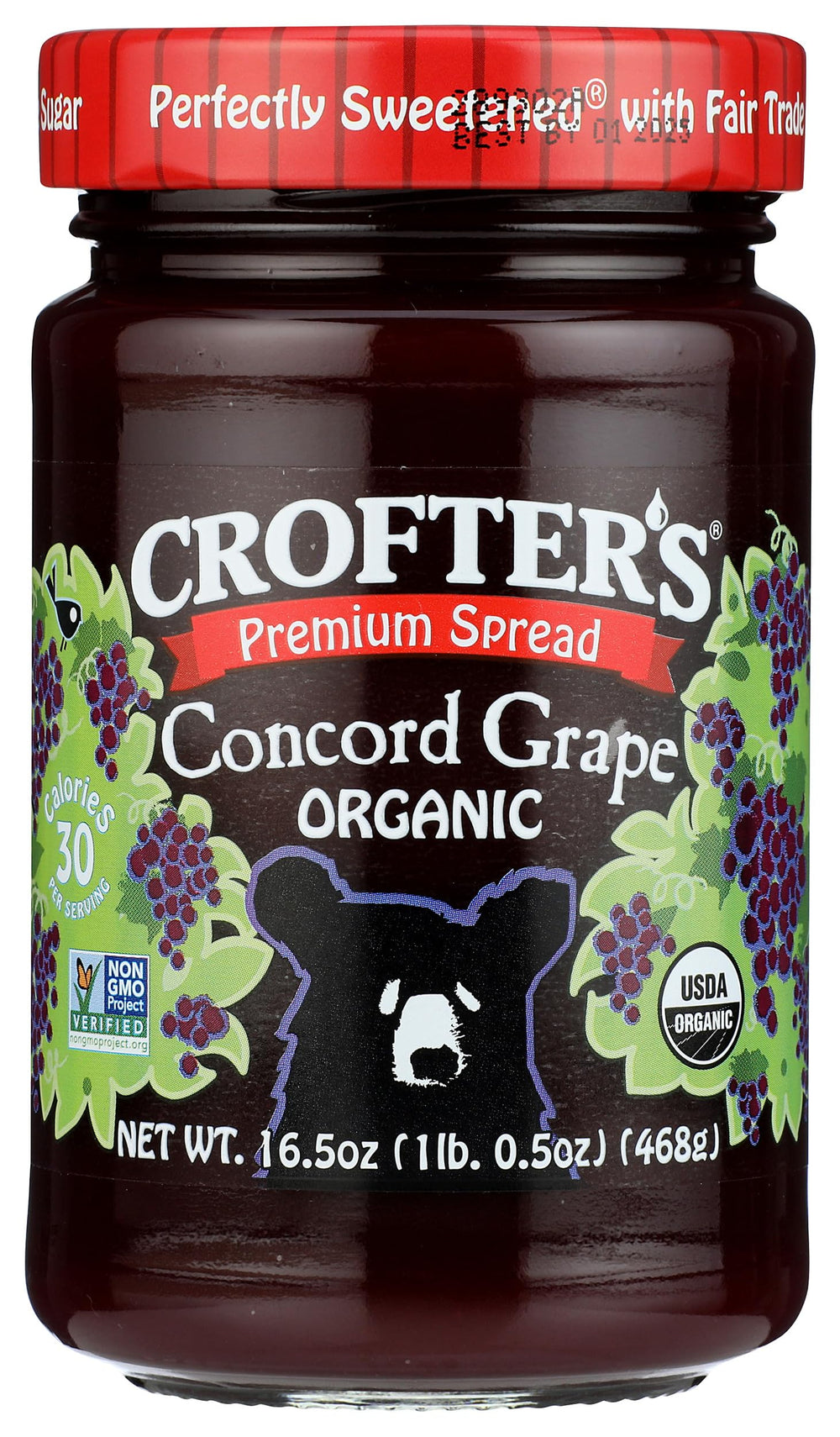 Crofters Organic Concord Grape Spread jar on kitchen counter, ideal for quick breakfasts.