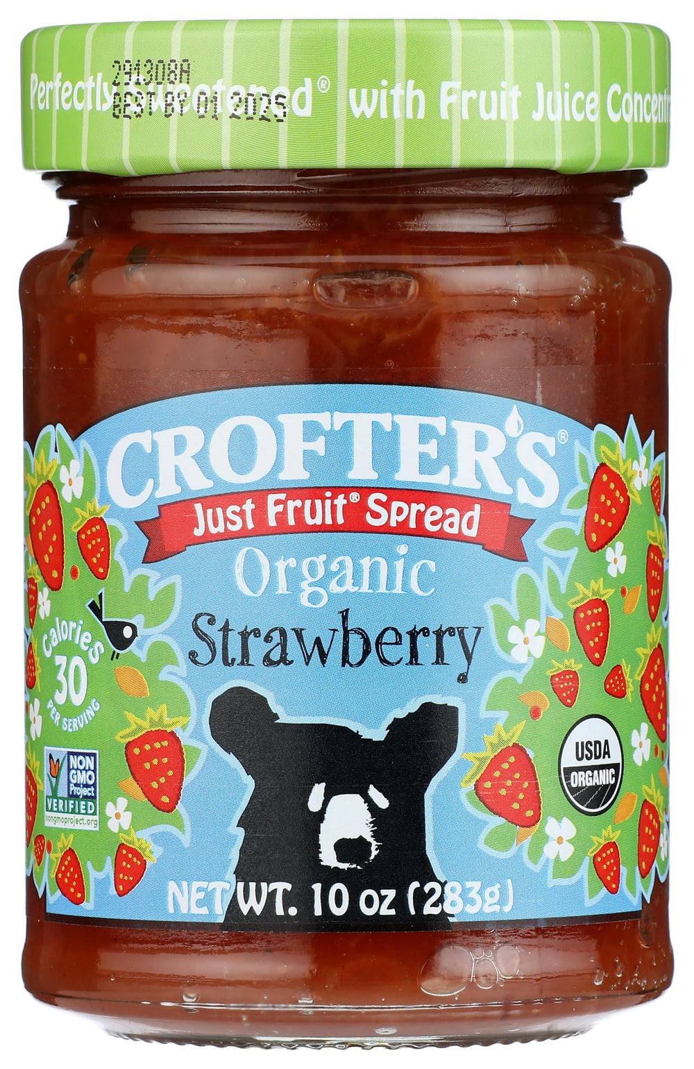 Crofters Organic Strawberry Fruit Spread jar on kitchen shelf, ready for breakfast