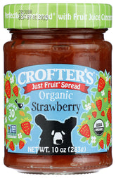Crofters Organic Strawberry Fruit Spread jar on kitchen shelf, ready for breakfast