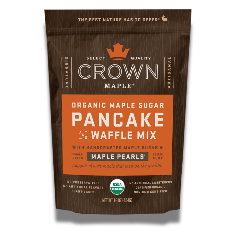 Crown Maple pancake mix packaging highlights organic quality for easy breakfasts