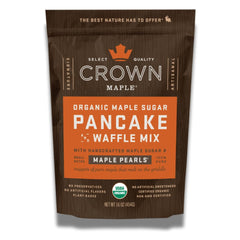 Crown Maple pancake mix packaging highlights organic quality for easy breakfasts