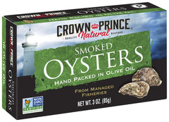 Crown Prince smoked oysters in olive oil can, 3oz, ready to enjoy.