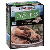 Crown Prince smoked oysters in olive oil cans arranged in a six pack for easy serving