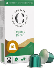 Cru Kafe decaf espresso capsules in a box showing organic, Fairtrade quality.