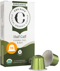 Cru Kafe Half Caff capsules pack front showing organic and Fairtrade credentials