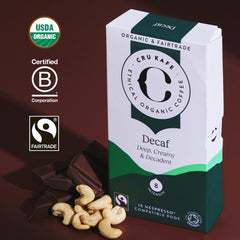 Cru Kafe USDA Organic decaf capsules close-up highlighting organic quality