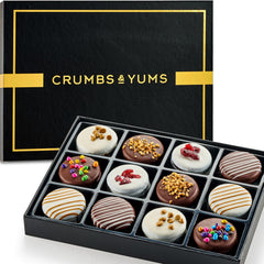 CRUMBS & YUMS holiday cookies gift basket in a black box, ideal for gifting.