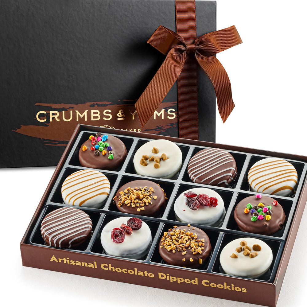 CRUMBS & YUMS Holiday Cookies Gift Basket features a gift box with a brown ribbon, great for gifting.