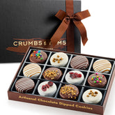 CRUMBS & YUMS Holiday Cookies Gift Basket features a gift box with a brown ribbon, great for gifting.
