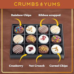 CRUMBS & YUMS nut crunch cookie with a glossy chocolate coating.