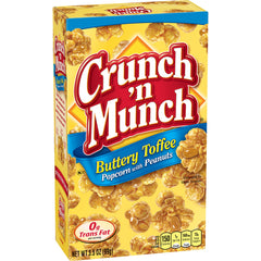Crunch 'n Munch Buttery Toffee Popcorn with Peanuts close-up; showcases crunchy texture and peanut bits.