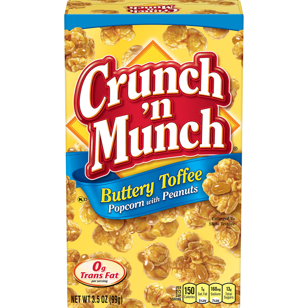 Crunch 'n Munch Buttery Toffee Popcorn with Peanuts pack shot; indulgent flavor and convenient packaging.