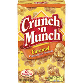 Crunch 'n Munch Caramel Popcorn with Peanuts box front, portable snack for sharing at games.