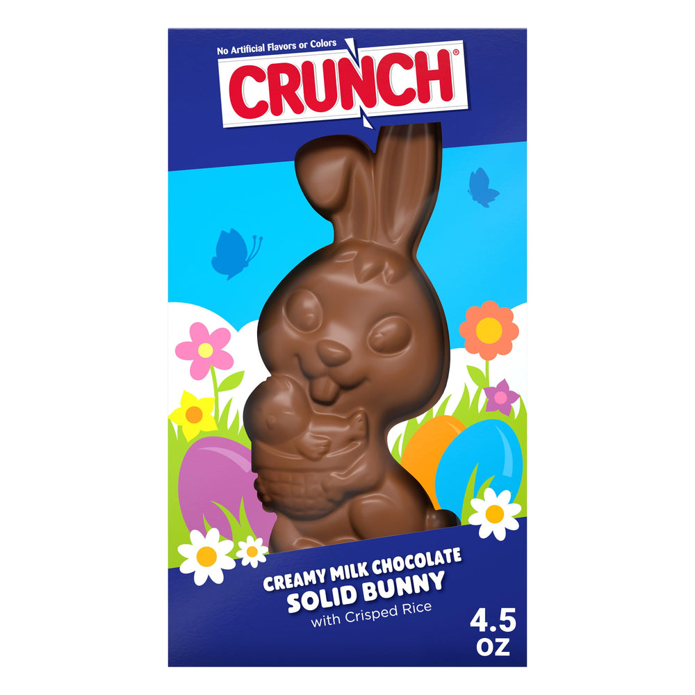 Crunch Solid Milk Chocolate Bunny with Crisped Rice close-up highlights crispy texture for Easter treats.