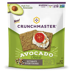 Crunchmaster avocado toast salt pepper crackers served with dips for versatile snacking.
