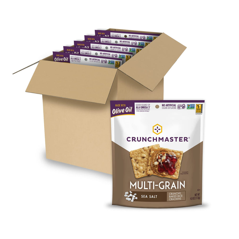 Crunchmaster gluten-free multi-grain sea salt crackers pack shot highlighting convenient snacking