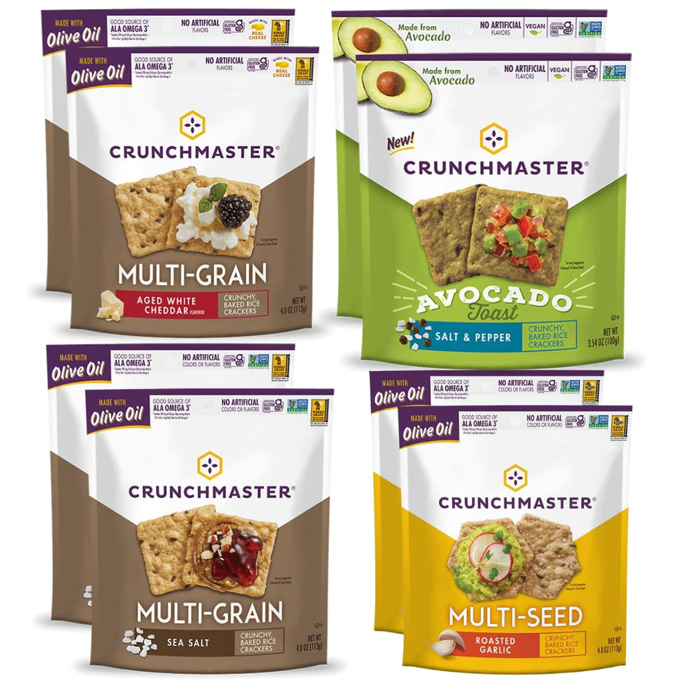Crunchmaster multiseed roasted garlic crackers on a charcuterie board for entertaining.