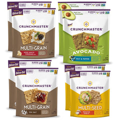Crunchmaster multiseed roasted garlic crackers on a charcuterie board for entertaining.