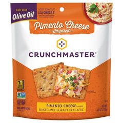 Crunchmaster Pimento Cheese crackers on a snack board, savory multi-grain crunch for snacking.