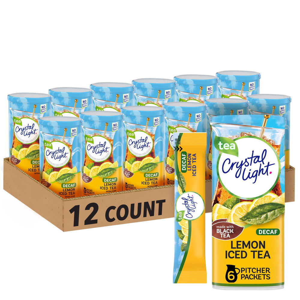 Crystal Light decaf lemon iced tea powder canister displaying convenient packaging for on-the-go mixing.