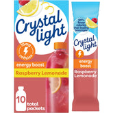 Crystal Light Energy Boost Raspberry Lemonade packet pours into water for a quick caffeine lift.