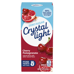 Crystal Light glass with cherry-pomegranate drink, vibrant color and refreshing taste.