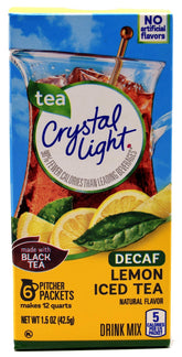 Crystal Light Lemon Decaf Iced Tea packaging showcases caffeine-free refreshment.
