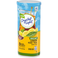 Crystal Light Lemon prepared iced tea in glass with lemon slice highlights refreshing, low-calorie flavor.