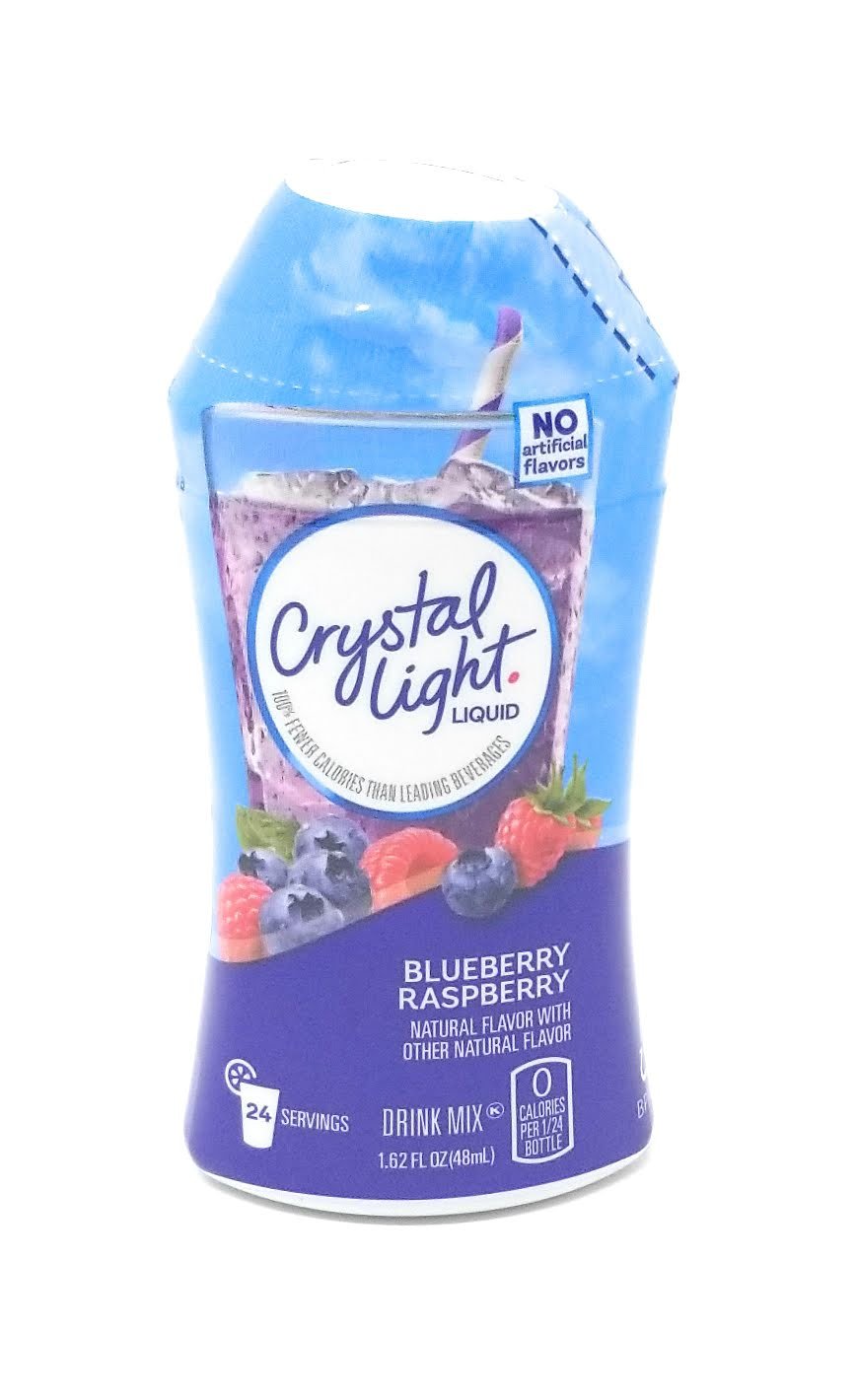 Crystal Light liquid concentrate bottle shown in blueberry-raspberry flavor for zero-calorie flavoring.
