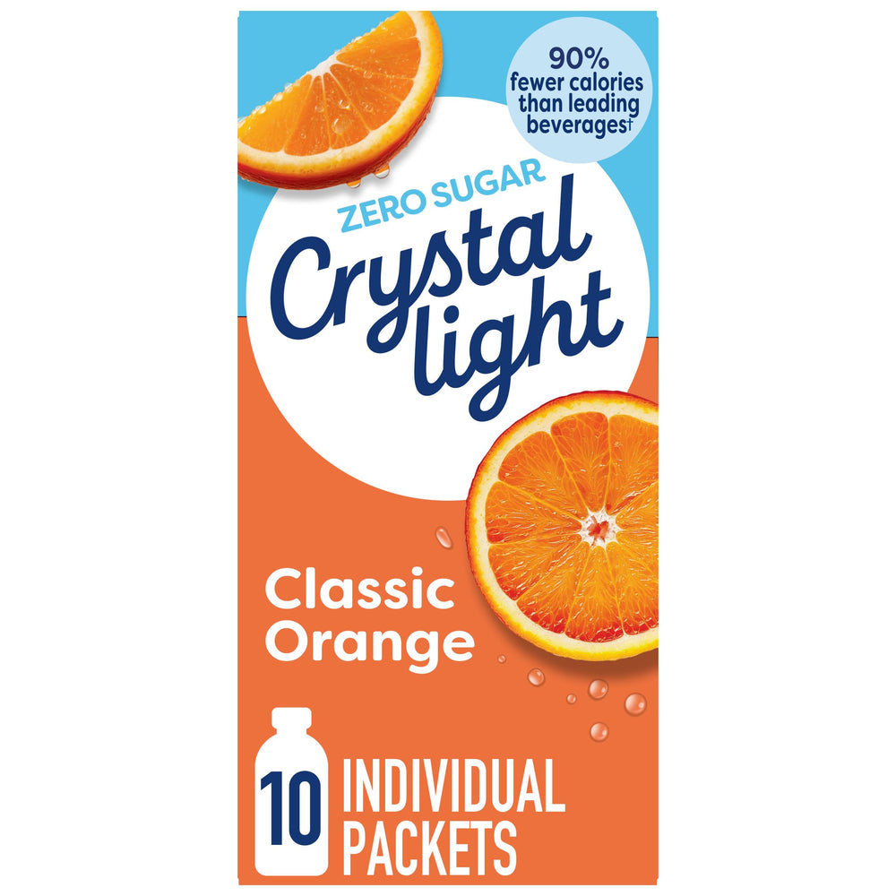 Crystal Light Orange on-the-go packets, front view, convenient zero-sugar flavor on the move.