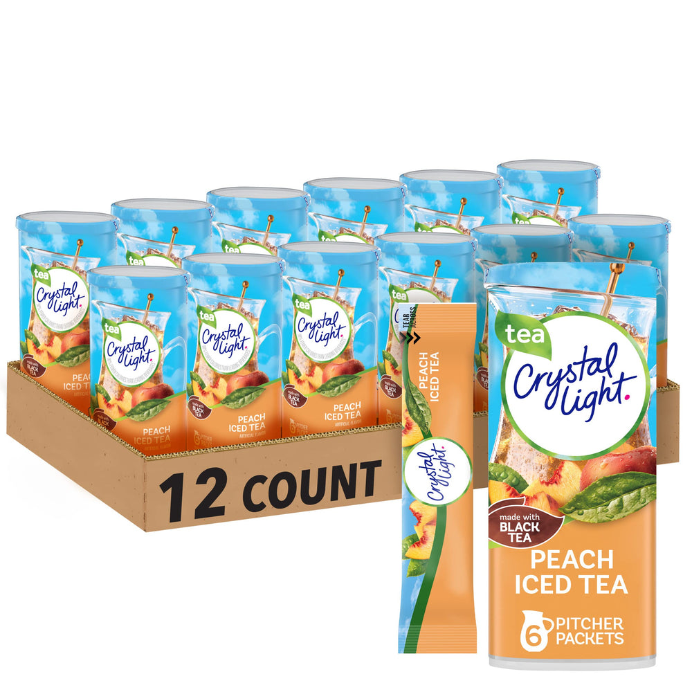 Crystal Light Peach Iced Tea packet closeup, sugar-free mix for easy flavor