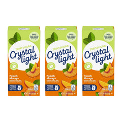 Crystal Light Peach Mango Green Tea Drink Mix box with five packets for two-quart servings.
