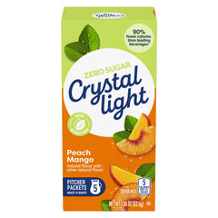 Crystal Light Peach Mango Green Tea Drink Mix canister on kitchen counter.