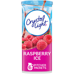 Crystal Light raspberry ice powder canister showing zero sugar and five calories per serving.