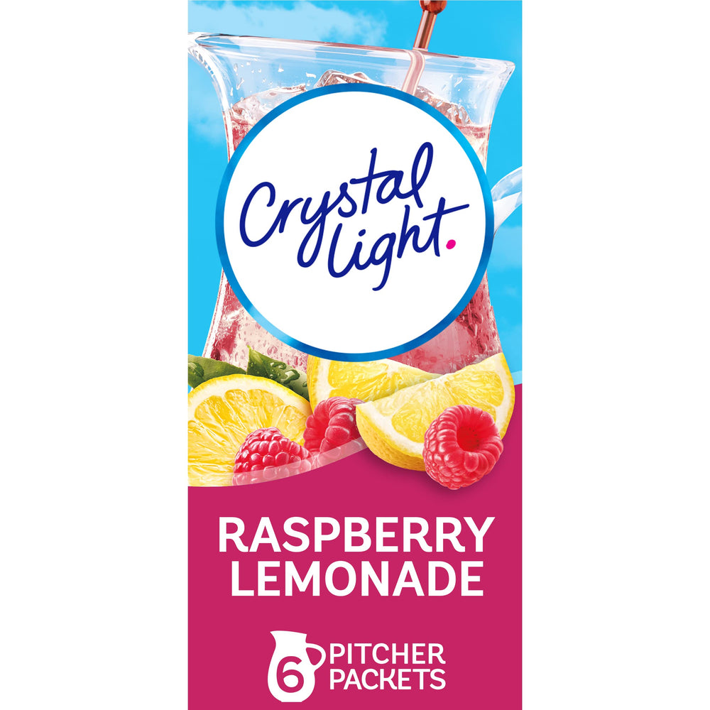 Crystal Light Raspberry Lemonade powder canister, convenient low-calorie mix for quick use