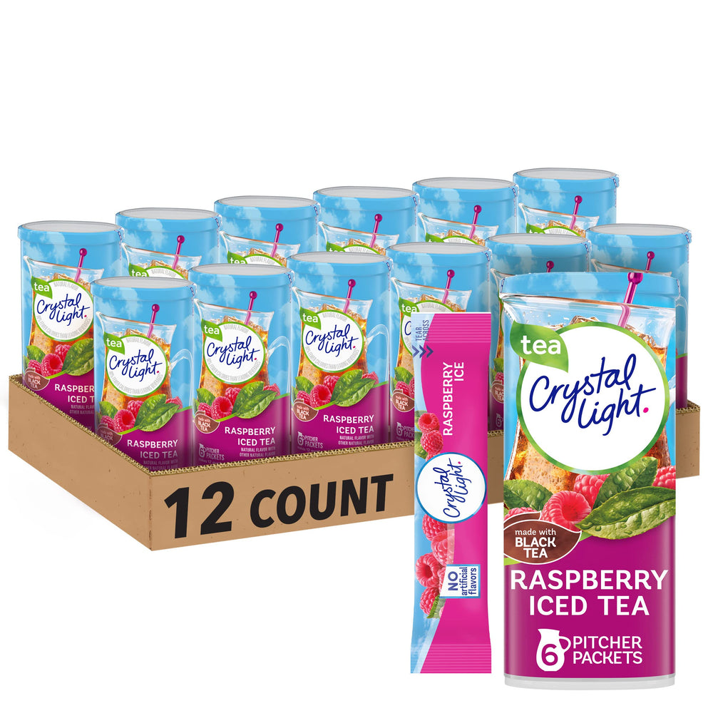 Crystal Light Raspberry Tea powder packet ready to mix for a zero-sugar, low-calorie drink.