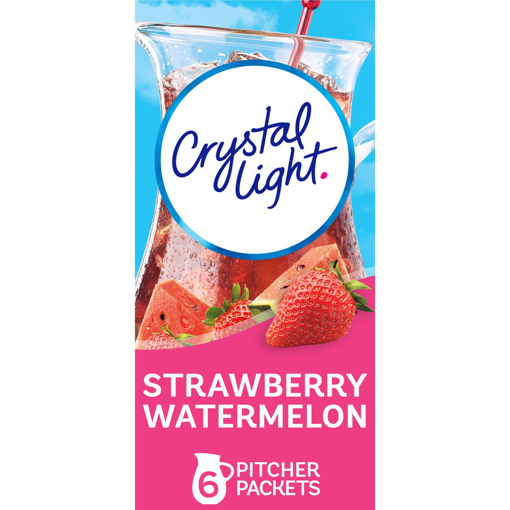 Crystal Light strawberry watermelon canister shows zero sugar and five calories per serving.
