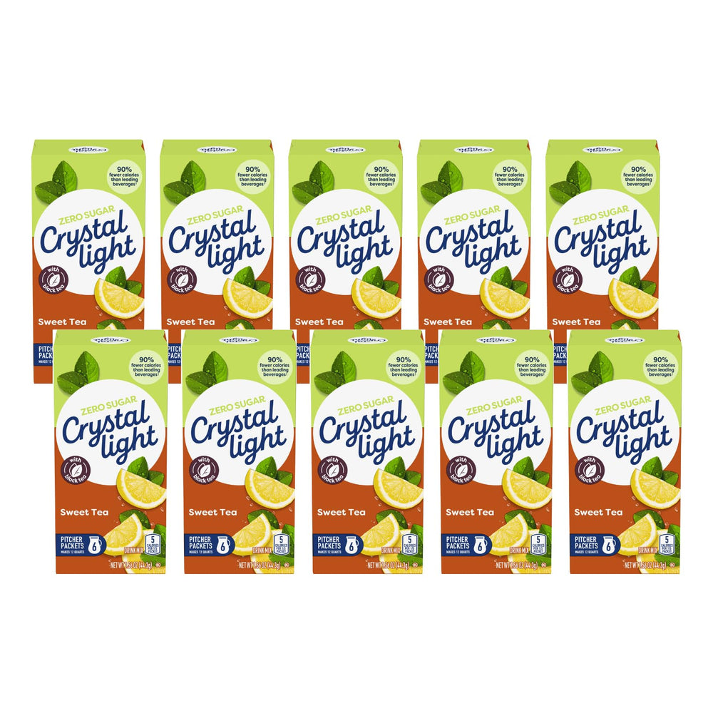 Crystal Light Sweet Tea powder canister highlights zero sugar and five calories per serving.