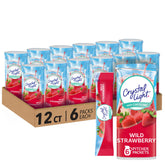 Crystal Light Wild Strawberry pitcher packets beside a refreshing ice-filled glass