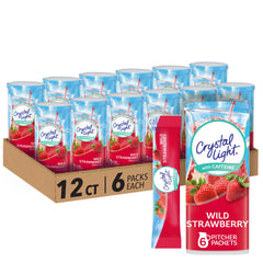 Crystal Light Wild Strawberry pitcher packets beside a refreshing ice-filled glass