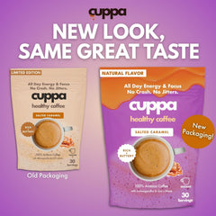 Serving cup of Cuppa Salted Caramel Mushroom Coffee with crema and steam.