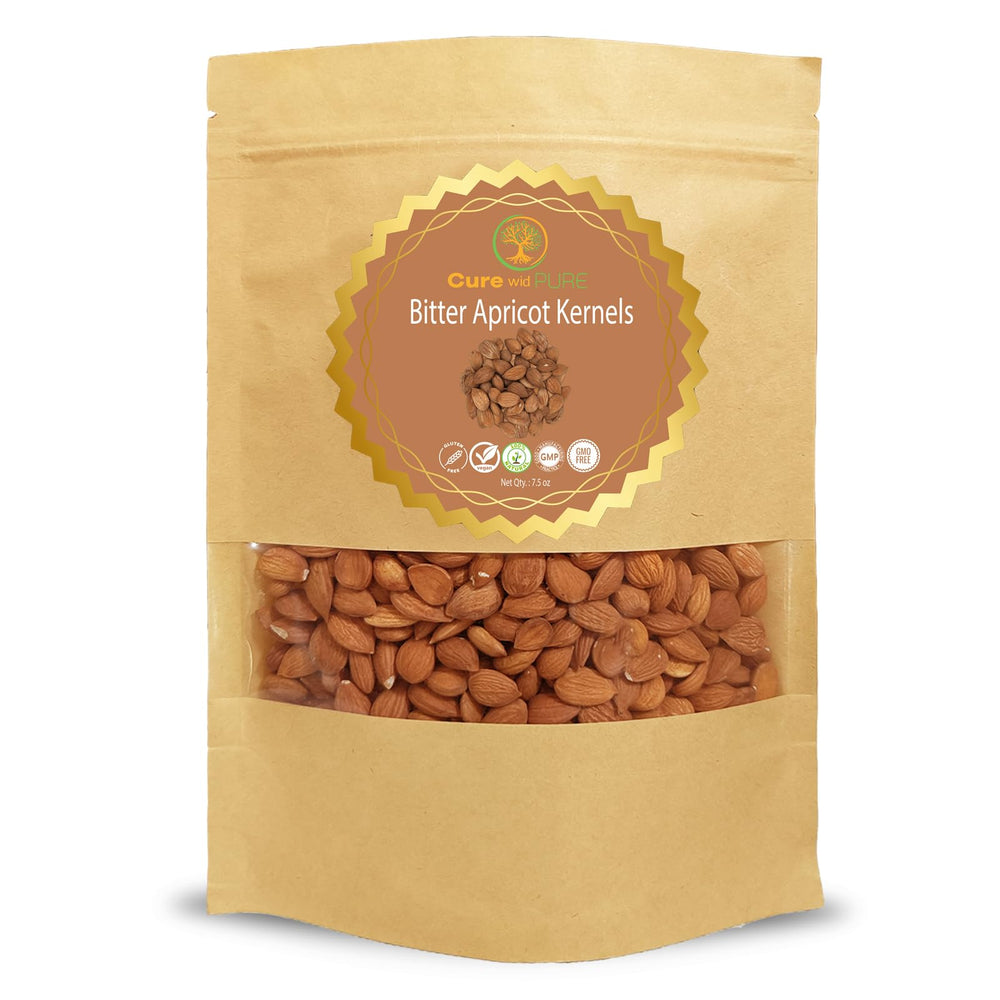 Cure wid Pure apricot seeds packaging front showing organic raw kernels for snacking.