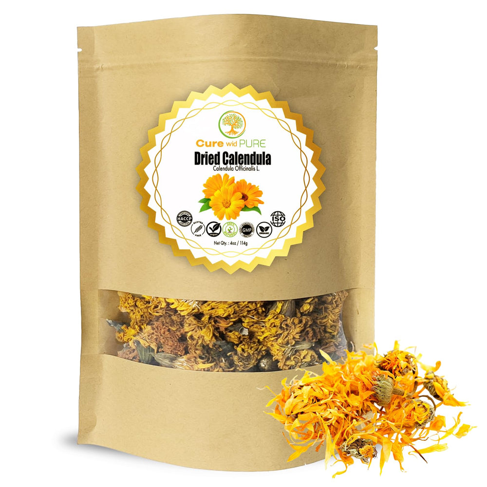 Cure Wid Pure calendula flowers in a resealable bag ready for skincare blends.