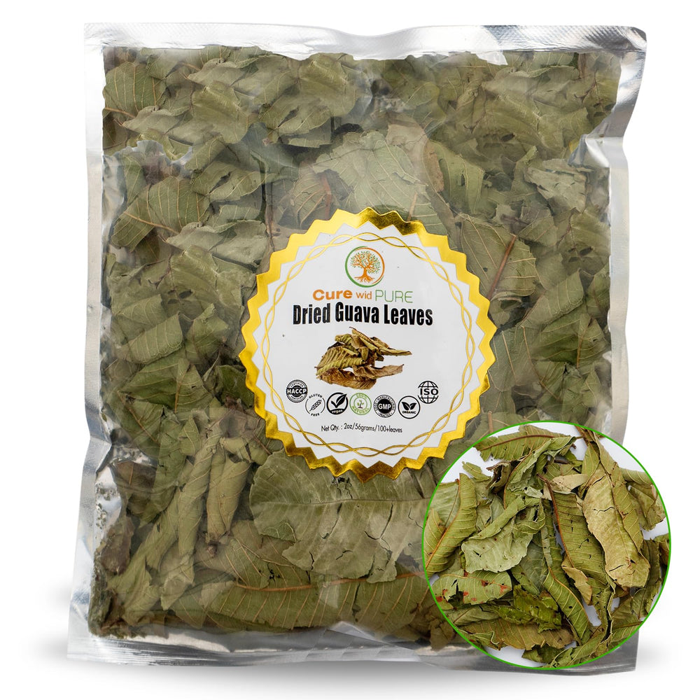 Cure Wid Pure guava leaves tea packaging highlights organic quality and caffeine-free option