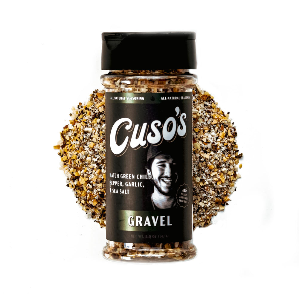 Cuso Cuts Gravel BBQ Rub bottle ready for flavorful grilling