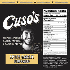 Close-up of Cuso's Cuts Rub label showing garlic and buffalo notes for wings
