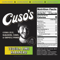 Cuso Cuts Tequila Lime Habanero seasoning label emphasizes premium ingredients